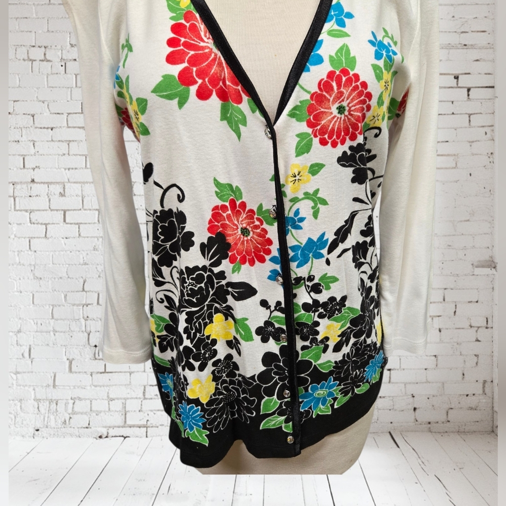 R Q T Floral V-Neck Women's Cardigan Sweater Rhinestone Buttons Cotton SZ M